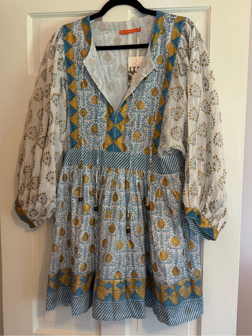 NWT Oliphant Tie Front Ballon Sleeve Mini Dress, Blue & Gold Patterned, Small